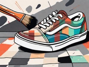 A pair of faded checkered vans shoes alongside a paintbrush and a vibrant paint palette