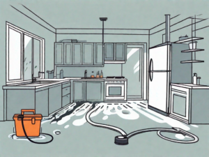 A virtual house with a visibly burst pipe in the kitchen