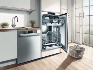 A bosch dishwasher with its door slightly open