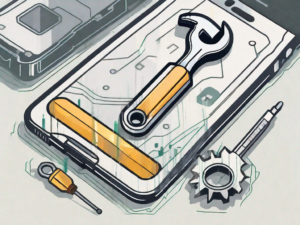 An android device with a wrench and screwdriver next to it