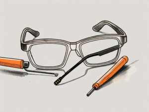 A pair of glasses with a detached nose pad and the necessary tools like a mini screwdriver and a new nose pad nearby