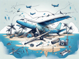 A damaged airplane on a deserted island surrounded by deep blue sea