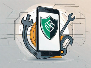 A smartphone displaying the now.gg logo with a wrench and a shield