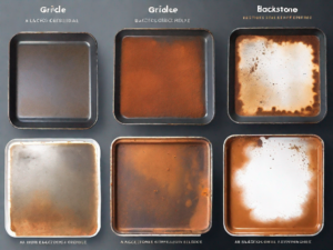 A blackstone griddle showing various stages of rust spot removal