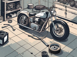 A motorcycle in a garage setting with tools scattered around and a visible carburetor to depict the repair process