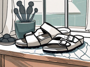 A pair of birkenstocks drying near a sunny window