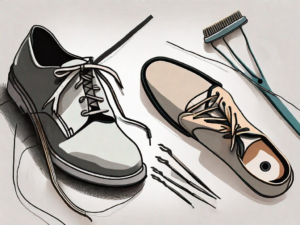 A pair of shoes with frayed laces next to a set of tools and a pair of newly fixed shoe lace tips