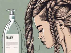 A pair of braided hair strands with a spray bottle and hair oil nearby