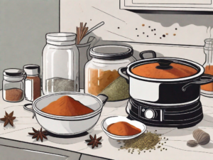 A kitchen scene with various spices and ingredients scattered on a counter