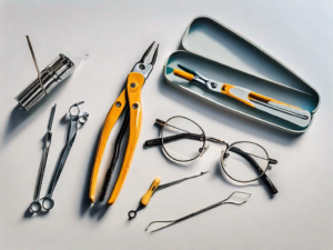 A pair of metal glasses with a bent frame next to a set of small tools like a micro screwdriver