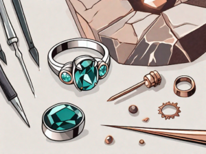 A ring with a missing stone next to a set of jeweler's tools and a loose gemstone