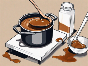 A pot of burnt caramel on the stove with a wooden spoon