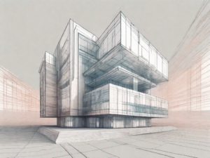 A 3d architectural model of a building with visible glitch-like distortions in the terrain around it